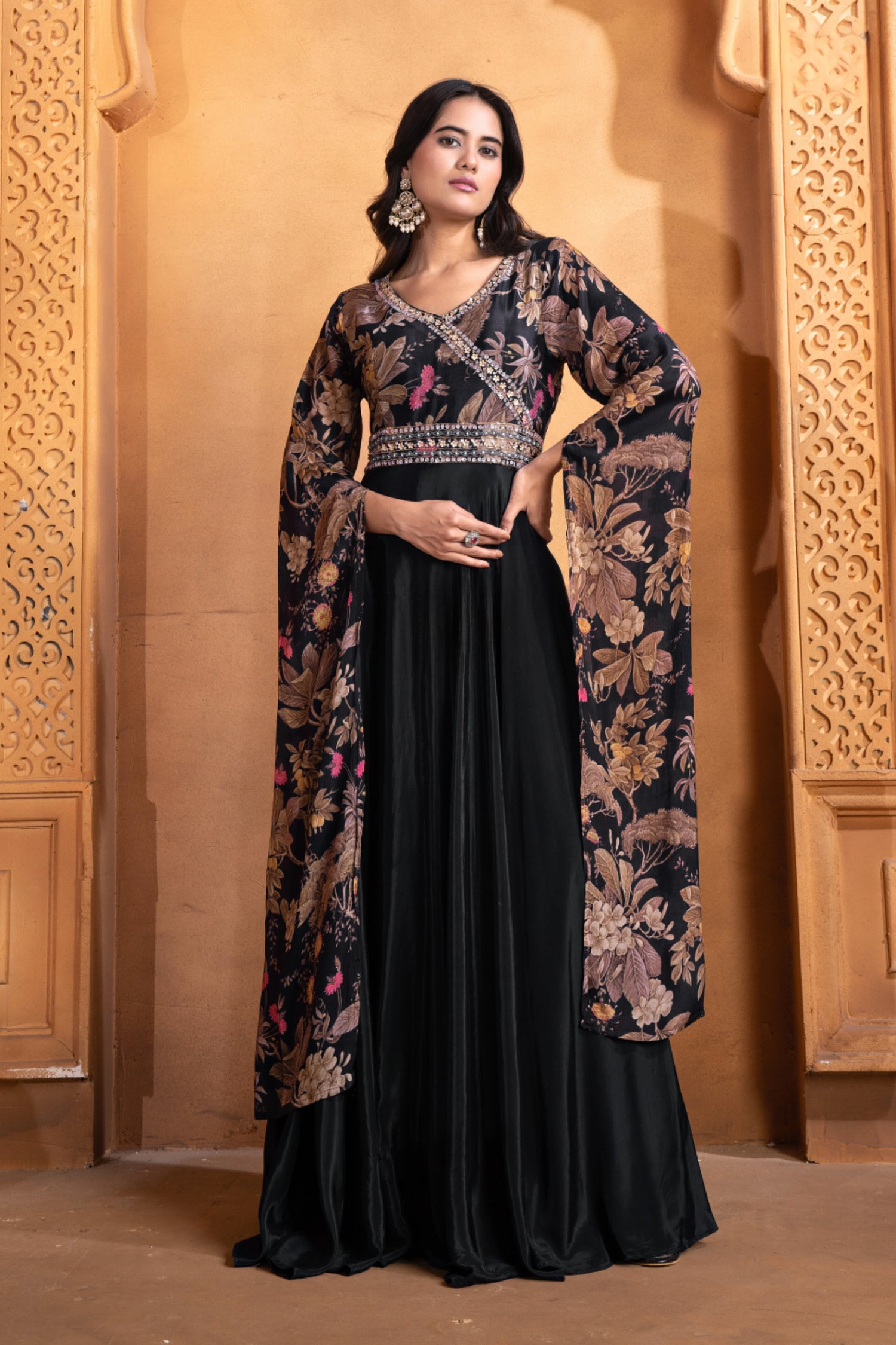 Black Floral Anarkali Set