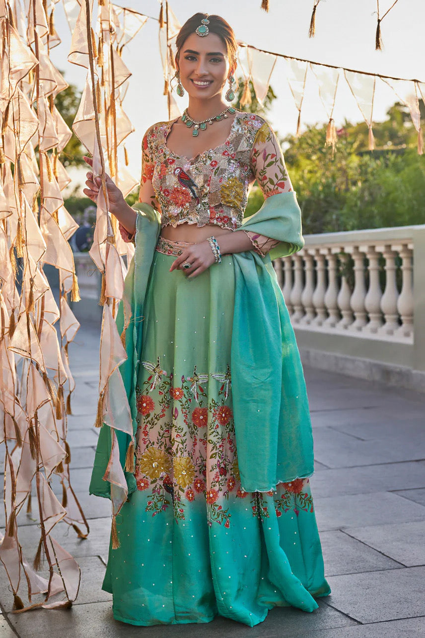 Women's Aqua Floral Floral Lehenga