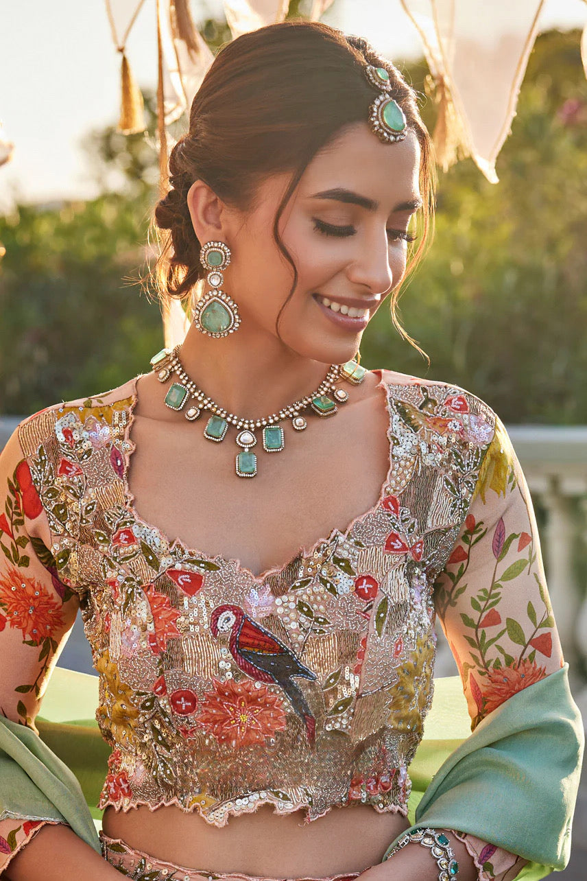 Women's Aqua Floral Floral Lehenga