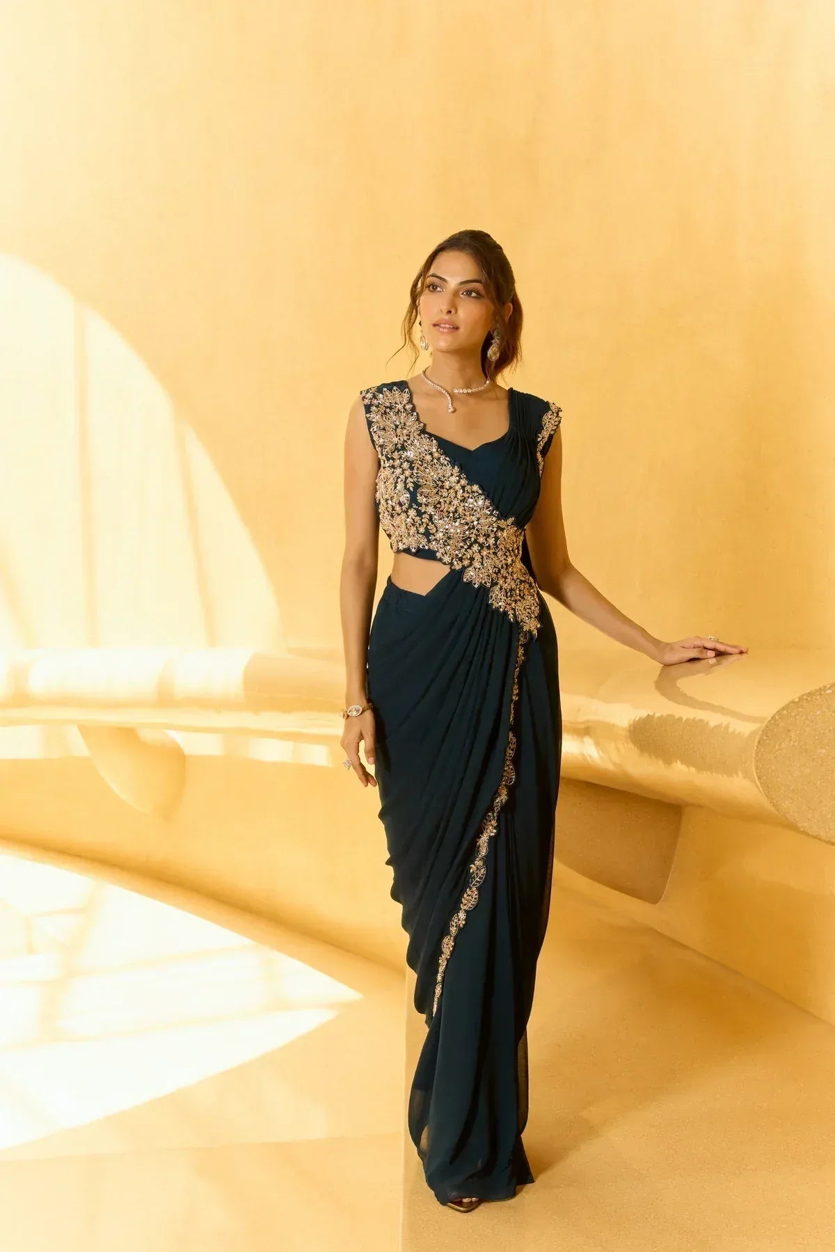 Midnight Teal Hand-Crafted Draped Saree Set | Label S4U - MishUUU