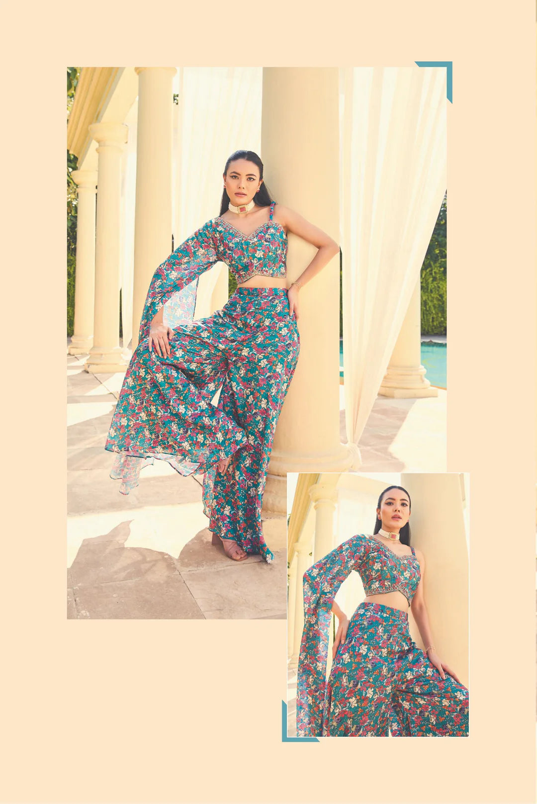 Boho Chic Teal Floral Palazzo Set – Statement Print Indo-Western Co-ord