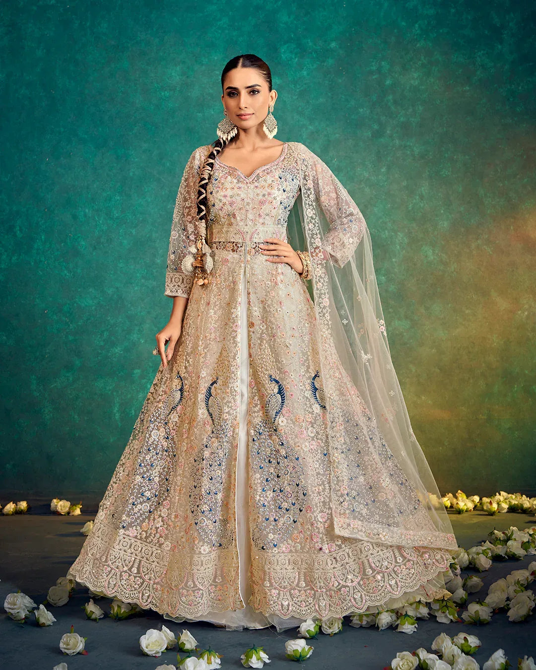 Ivory & Gold Handcrafted Lehenga with Peacock Detailing – Bridal & Festive Wear - MishUUU