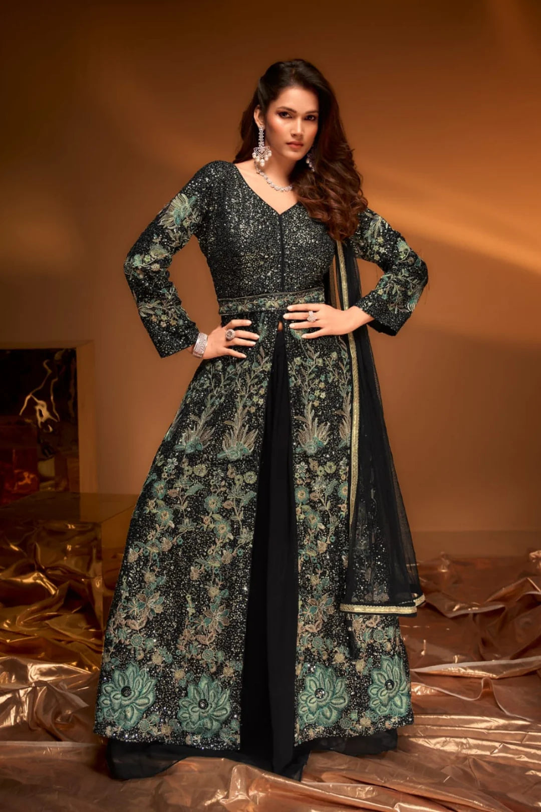 Handcrafted Black Palazzo Set with Swan Motif Jacket – Partywear Anarkali Style