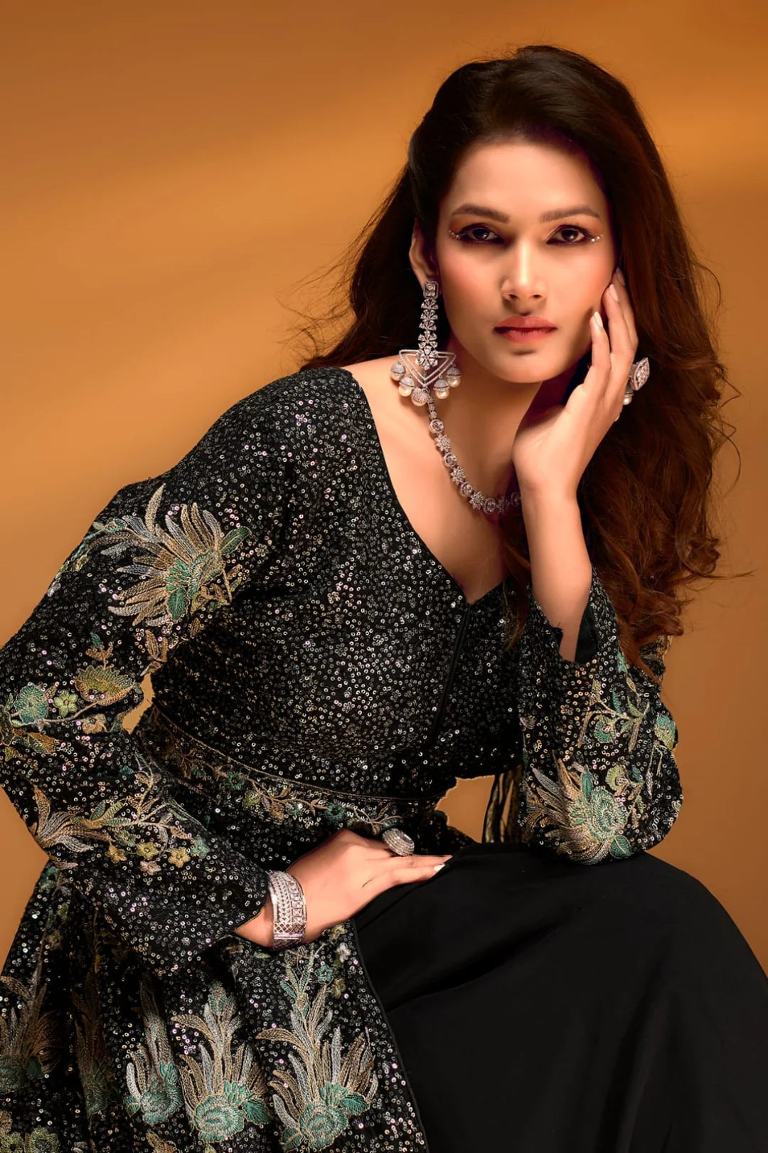 Handcrafted Black Palazzo Set with Swan Motif Jacket – Partywear Anarkali Style