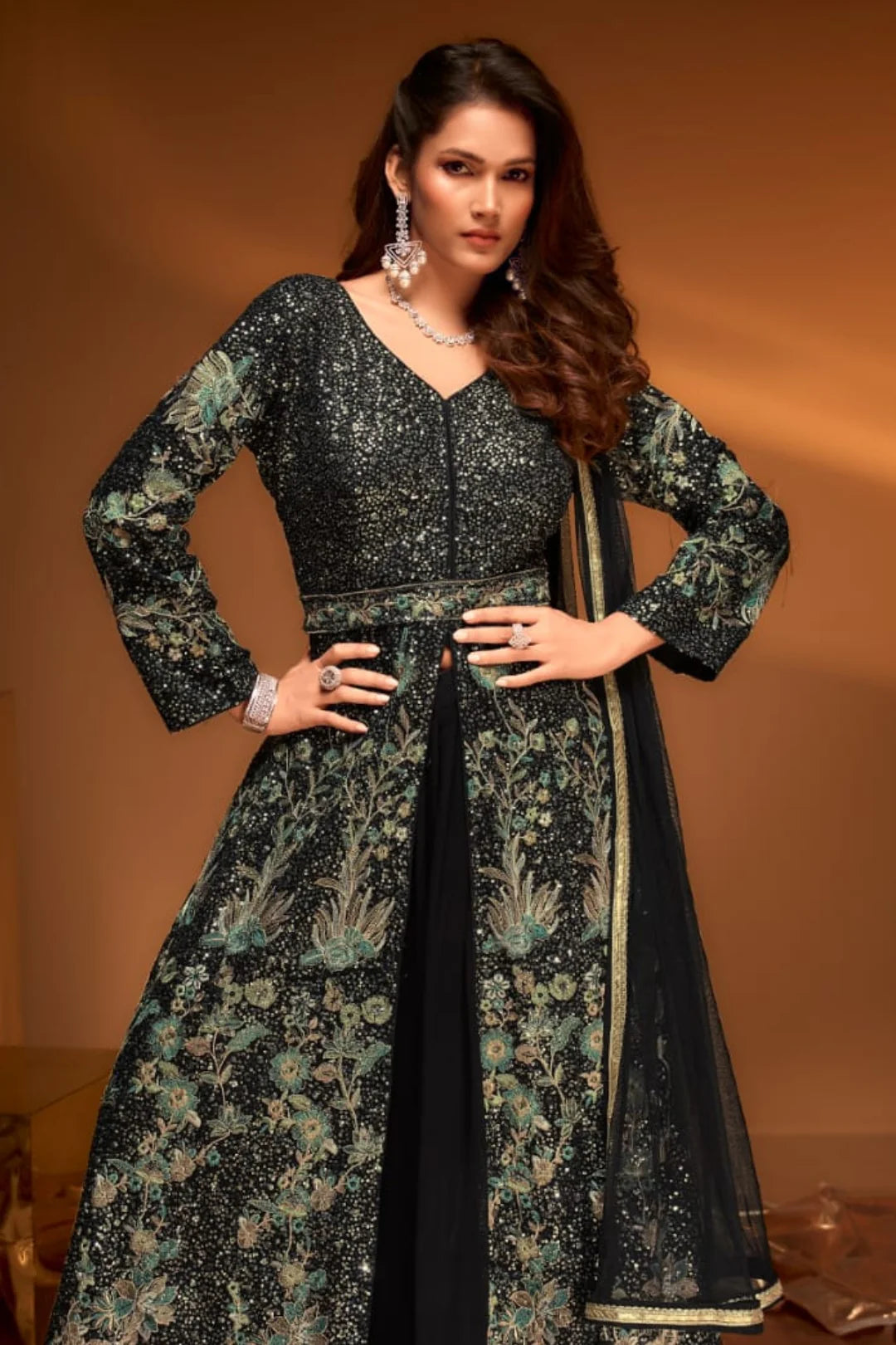 Handcrafted Black Palazzo Set with Swan Motif Jacket – Partywear Anarkali Style