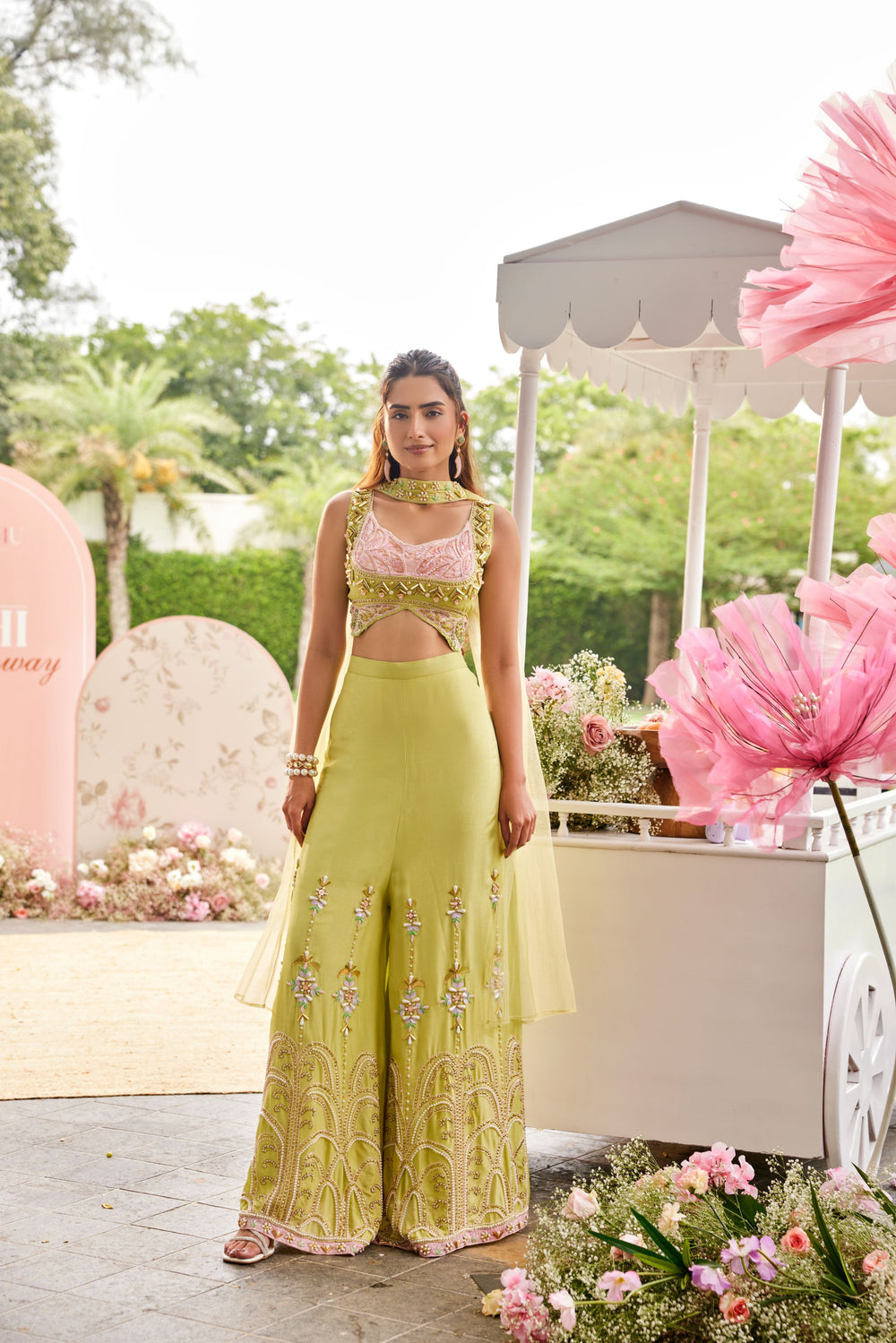 Lime Green Handcrafted Palazzo Set with Statement Crop Top |Label S4U