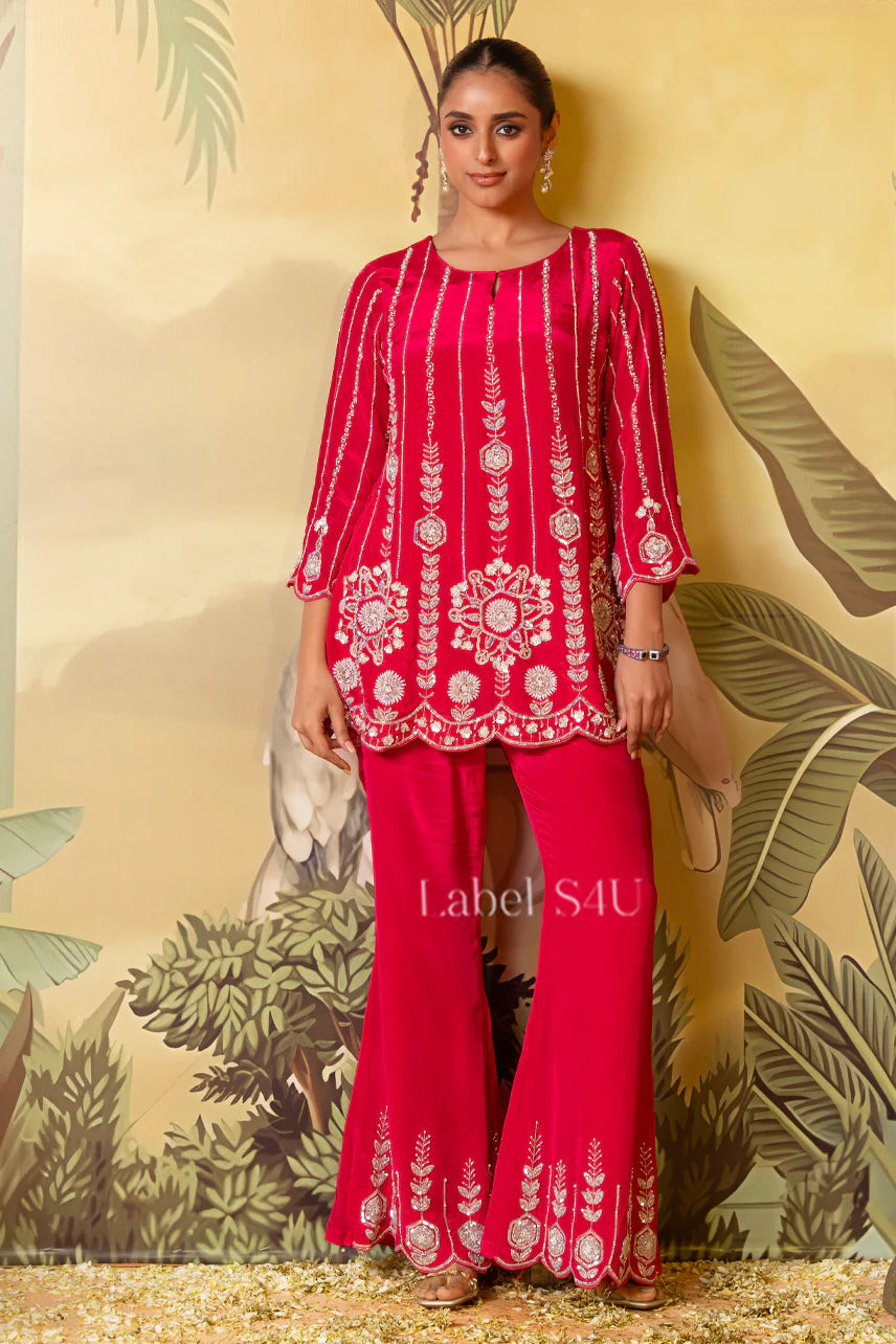 Crimson Mirror Work Sharara Set – Vibrant Festive Elegance