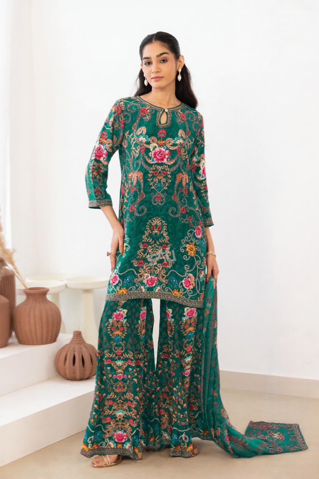 Emerald Enchanté Embroidered Suit Set – A Garden of Elegance in Bloom