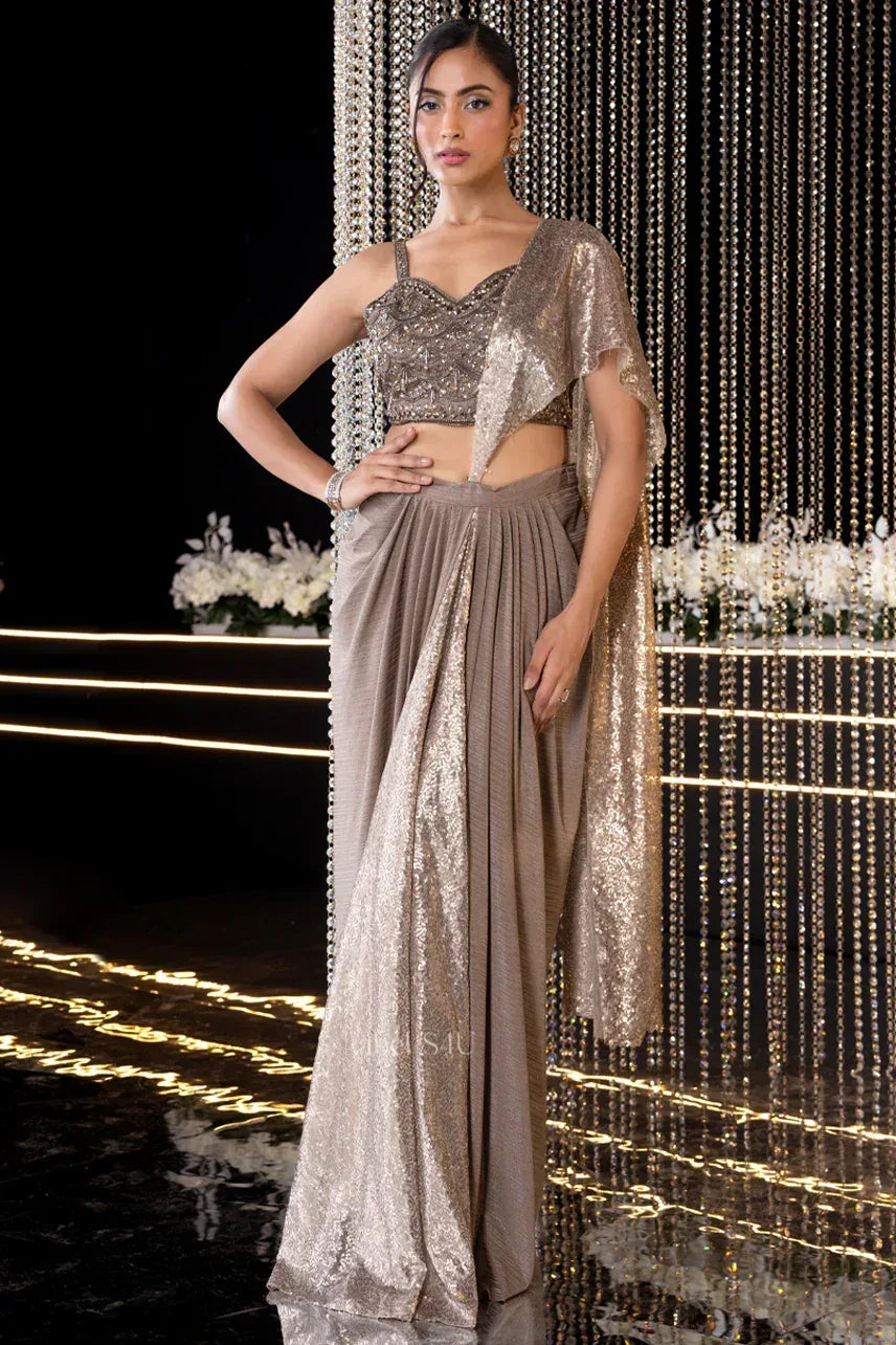 Champagne Gold Drape Saree – Luxe Evening Elegance - MishUUU