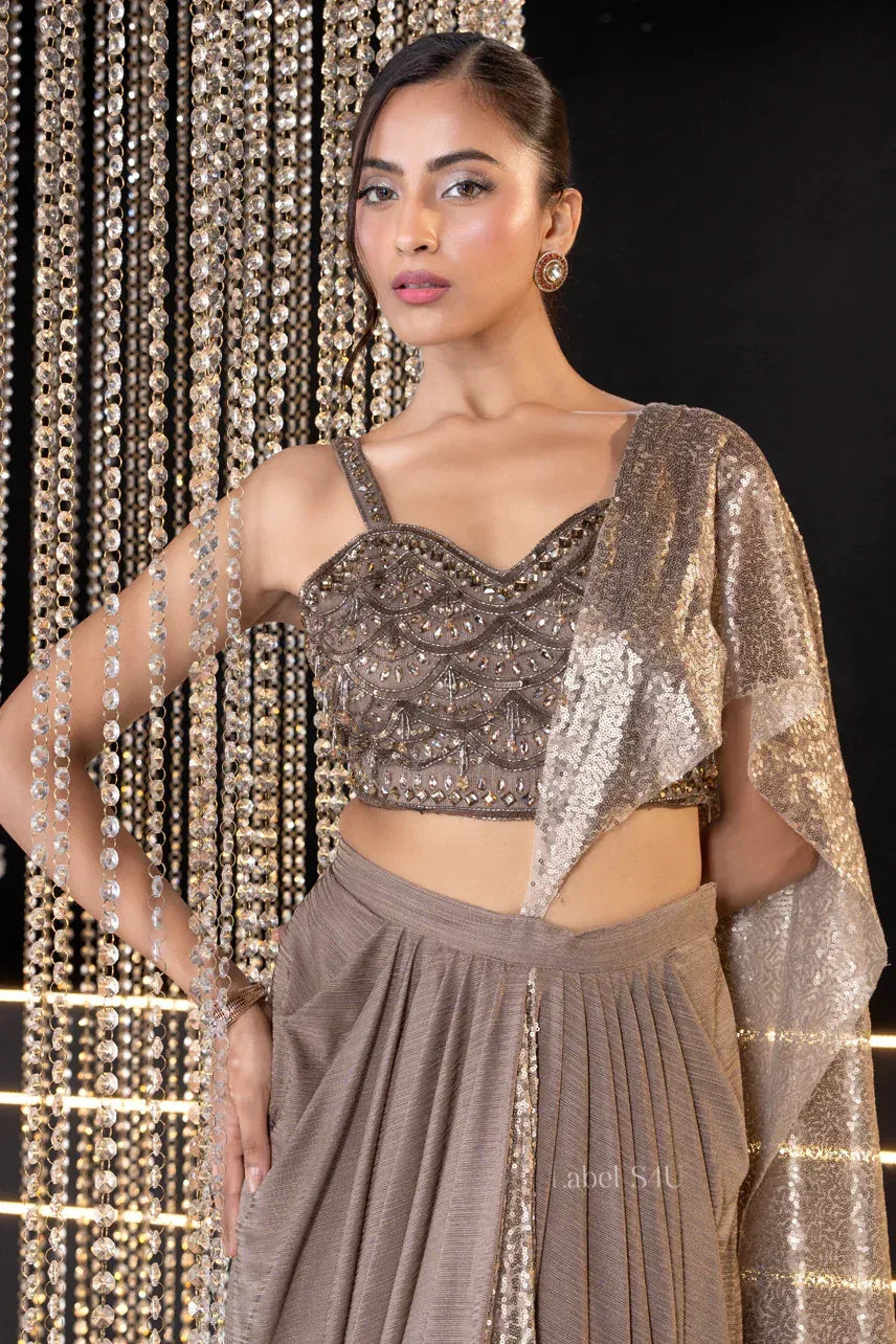 Champagne Gold Drape Saree – Luxe Evening Elegance - MishUUU