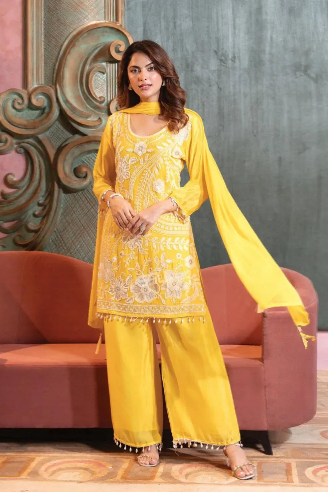 Golden Dusk Embroidered Suit Set – Radiance in Every Thread - MishUUU