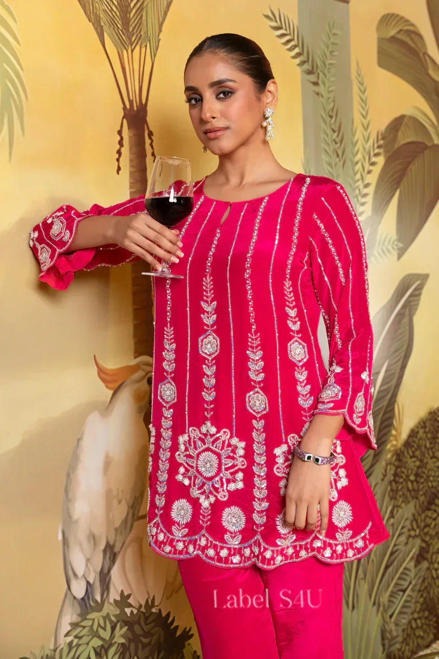 Crimson Mirror Work Sharara Set – Vibrant Festive Elegance - MishUUU