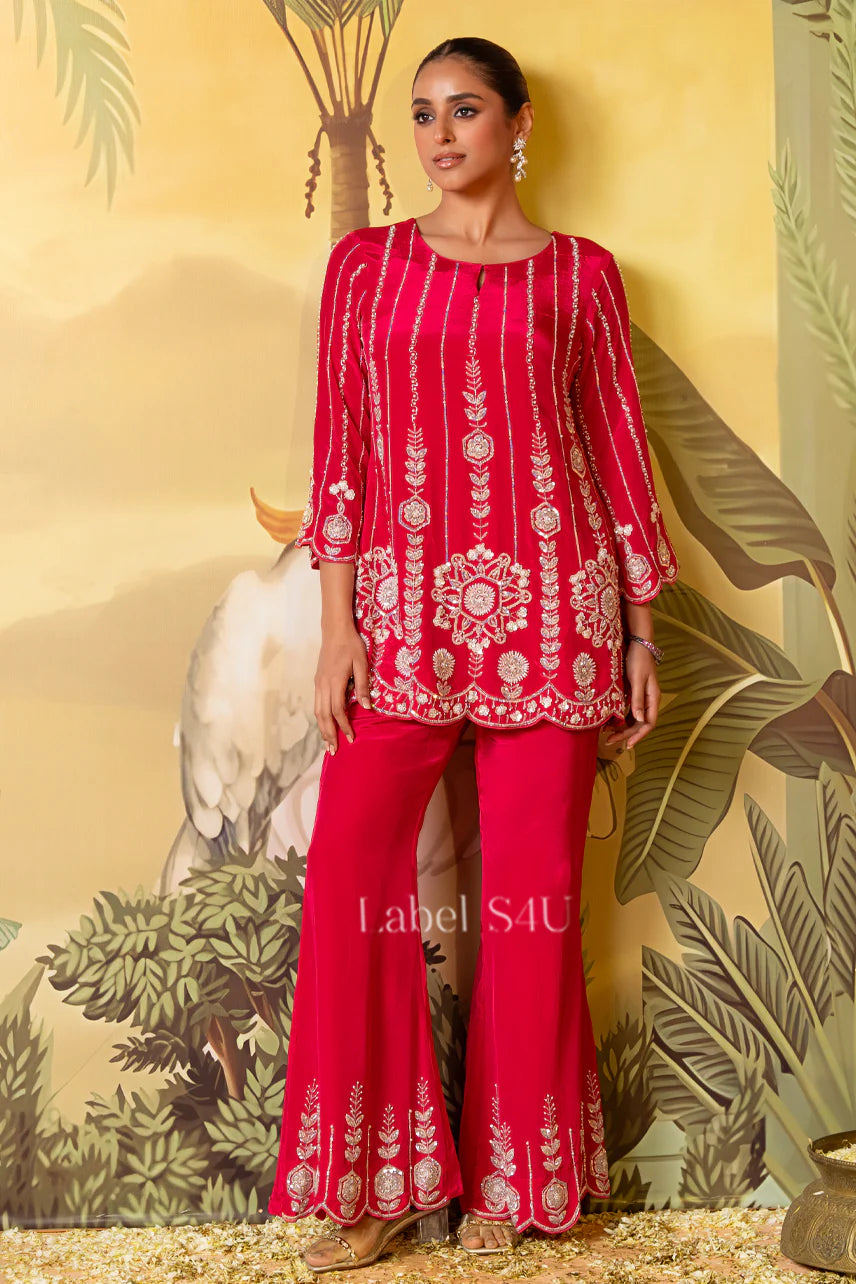 Crimson Mirror Work Sharara Set – Vibrant Festive Elegance