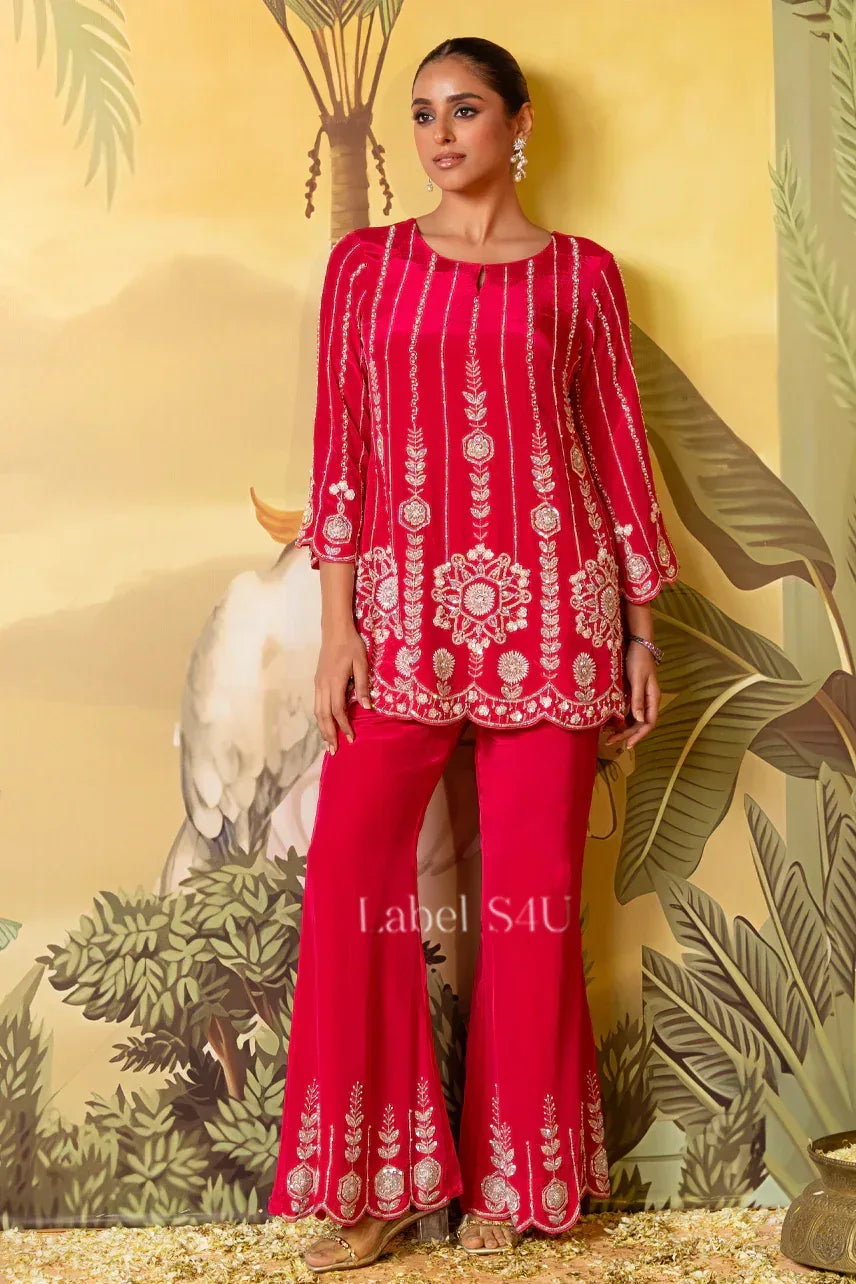 Crimson Mirror Work Sharara Set – Vibrant Festive Elegance - MishUUU