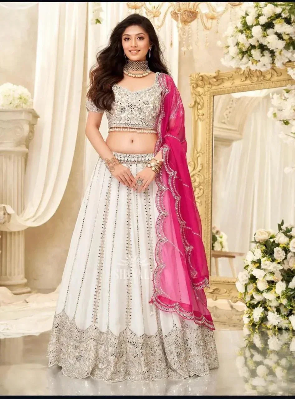 Ivory Radiance Mirror Work Lehenga – A Celebration of Grace and Light - MishUUU