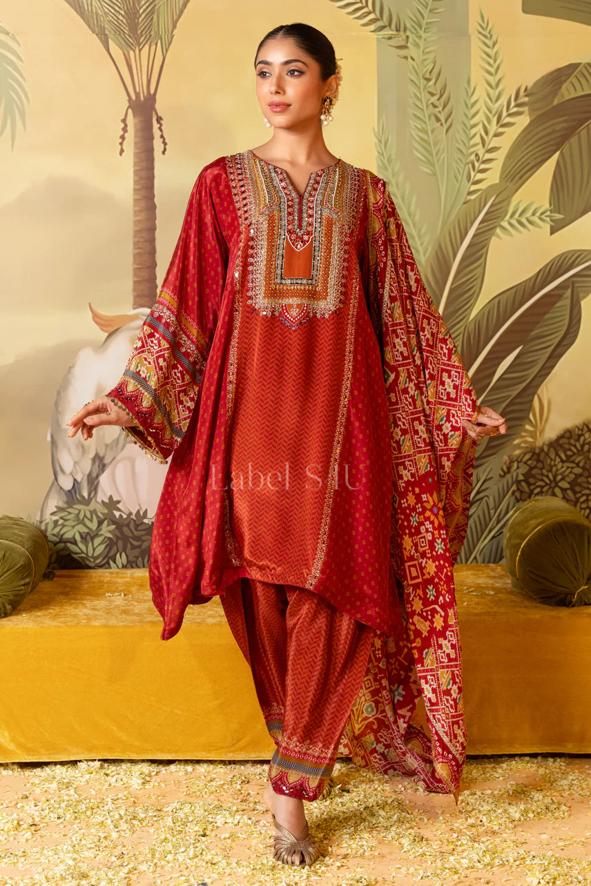 Rust Red Printed Kurta Salwar Dupatta Set