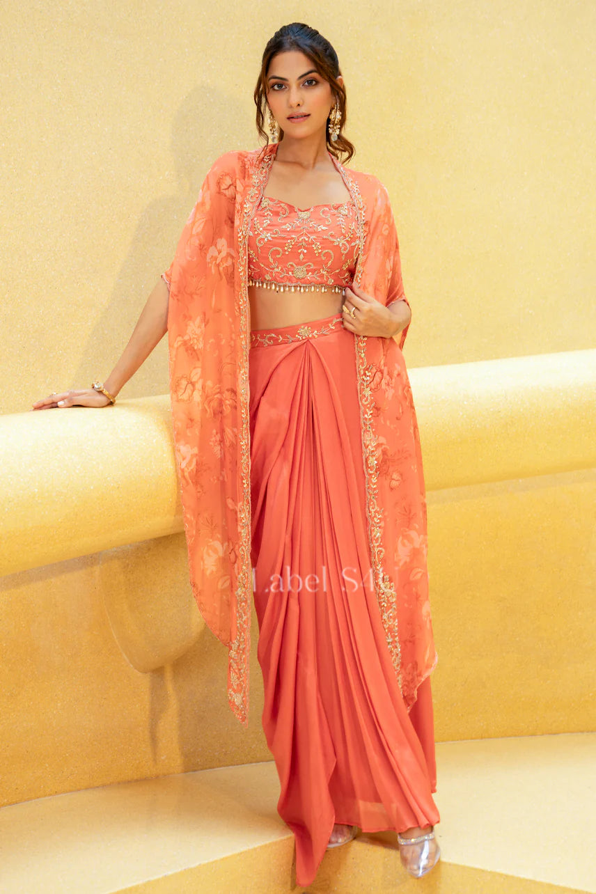 Coral Blossom Embroidered Drape Saree Set