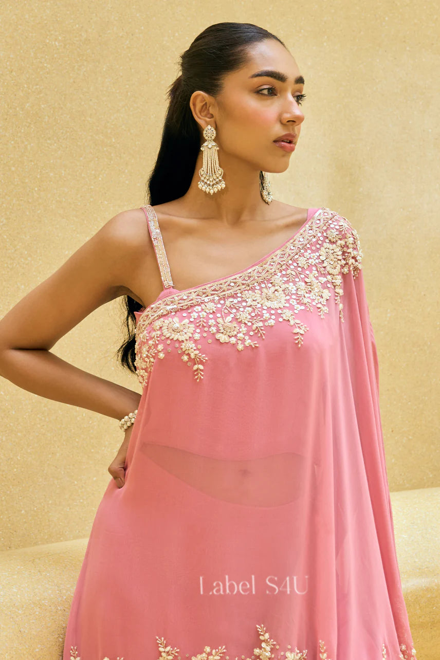 Blush Pink One-Shoulder Embroidered Sharara Set