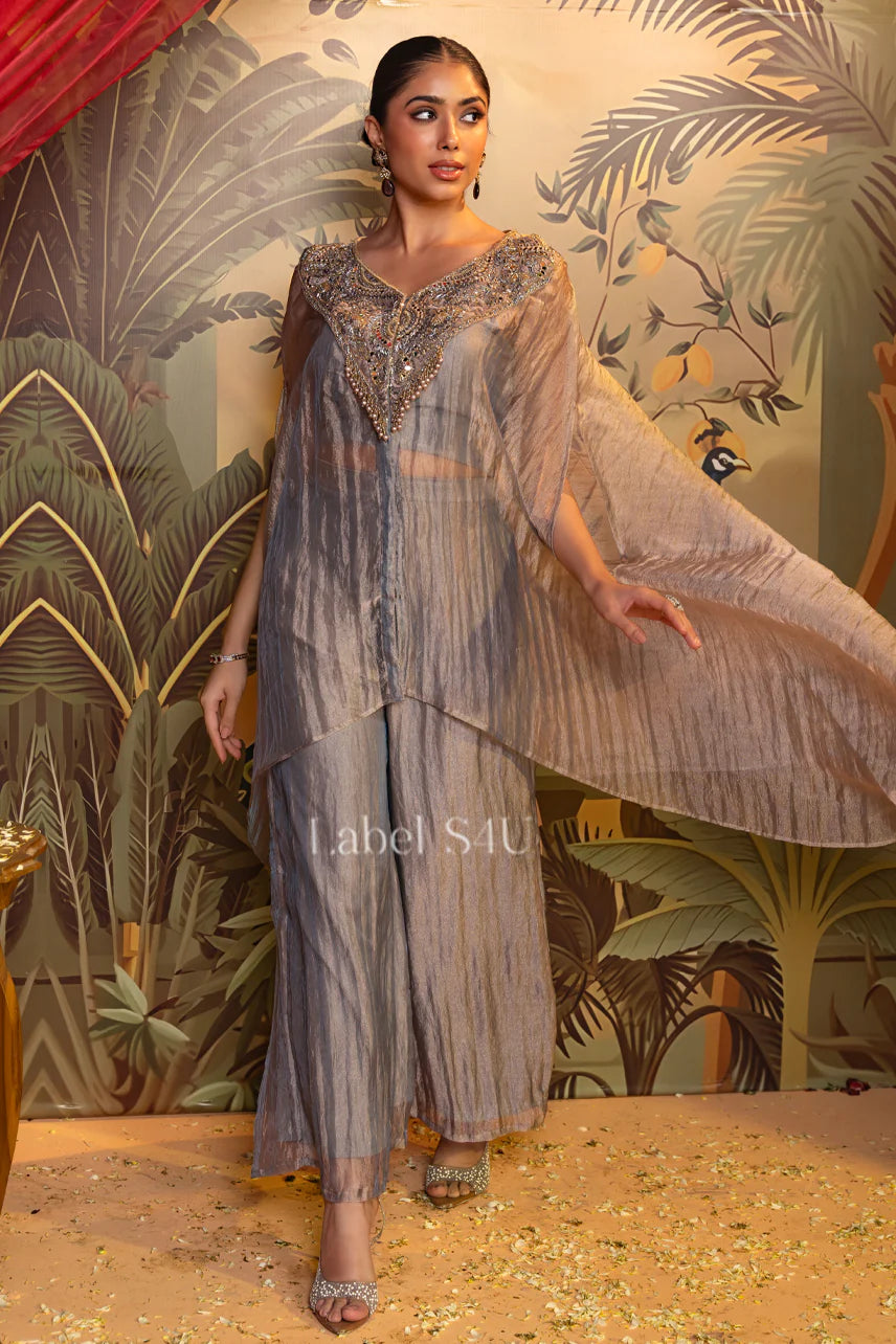 Grey Embellished Kaftan Sharara Set