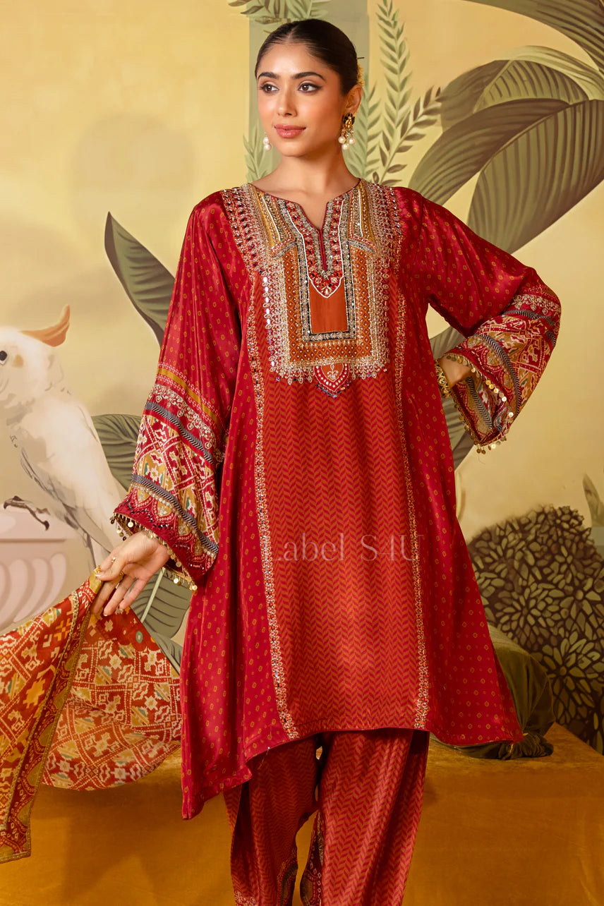 Rust Red Printed Kurta Salwar Dupatta Set