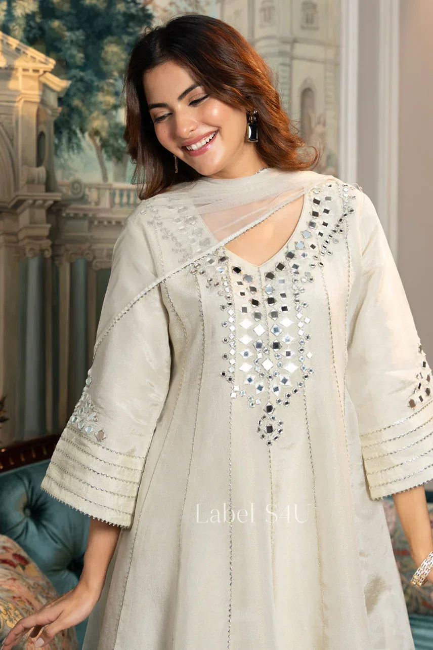 Ivory Mirror Work Kurta Pant Set - MishUUU