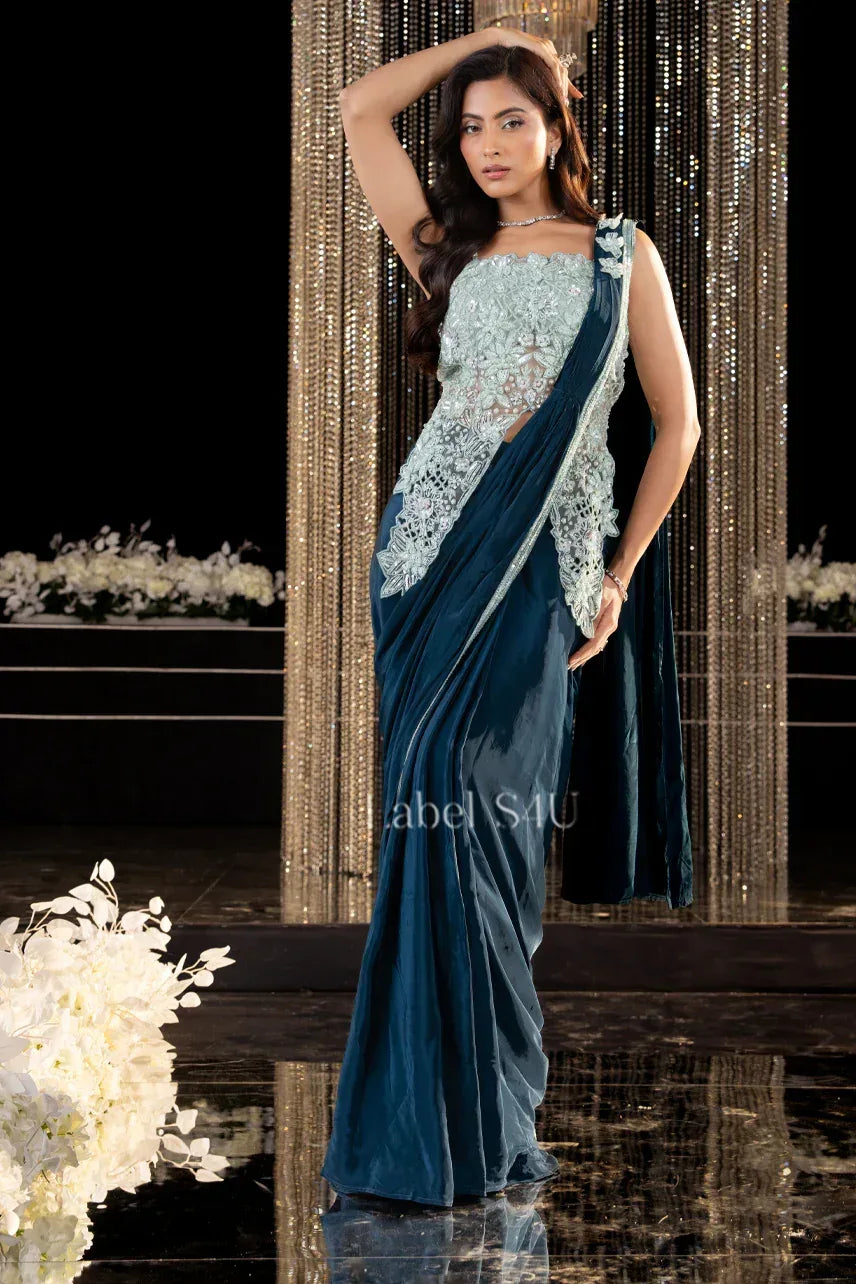 Emerald Frost Draped Saree Gown - MishUUU