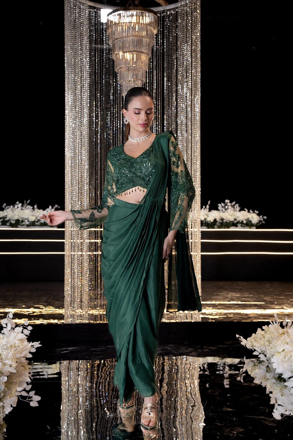 Emerald Midnight Luxe Beaded Draped Saree Couture