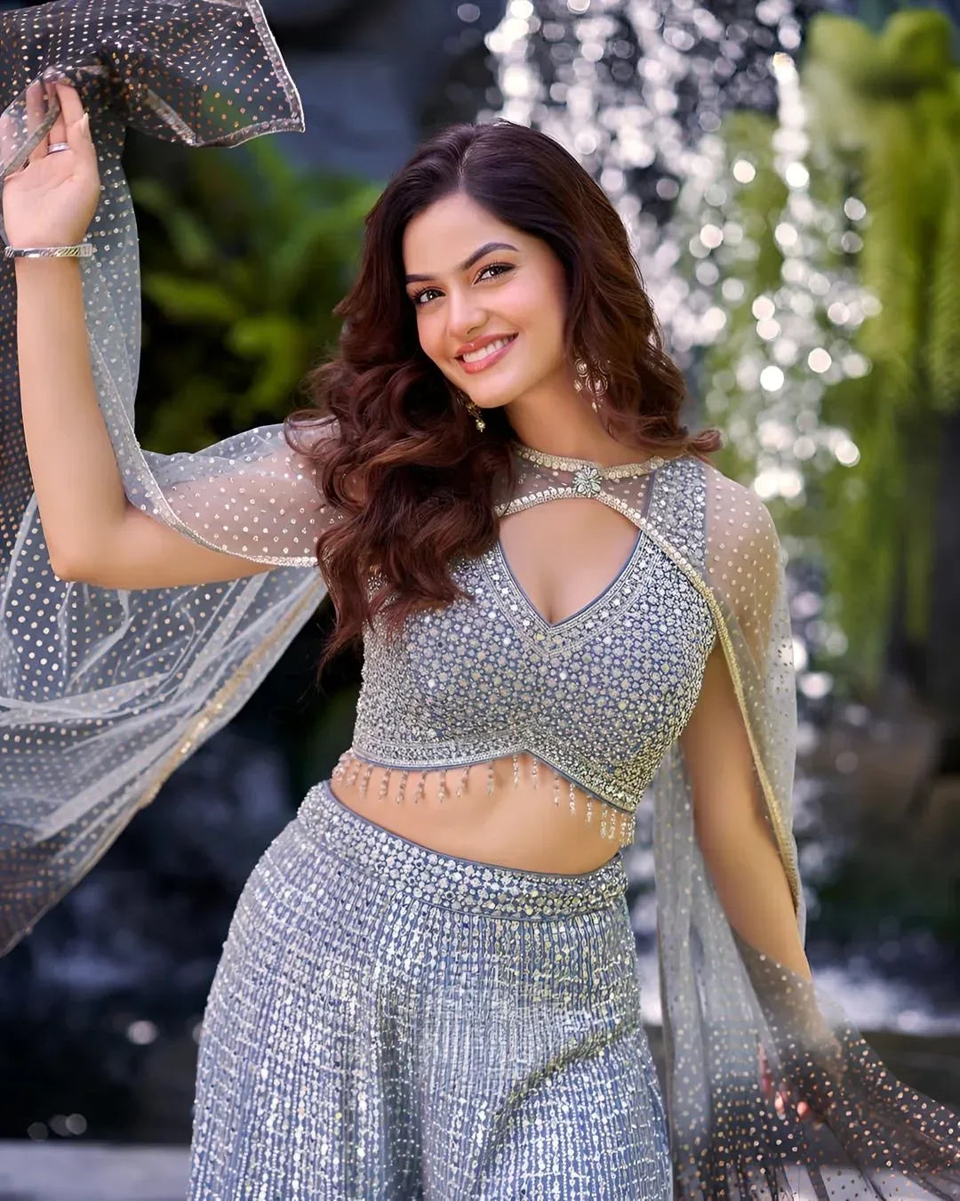 Silver Sequin Crop Top Palazzo Set with Net Cape - MishUUU