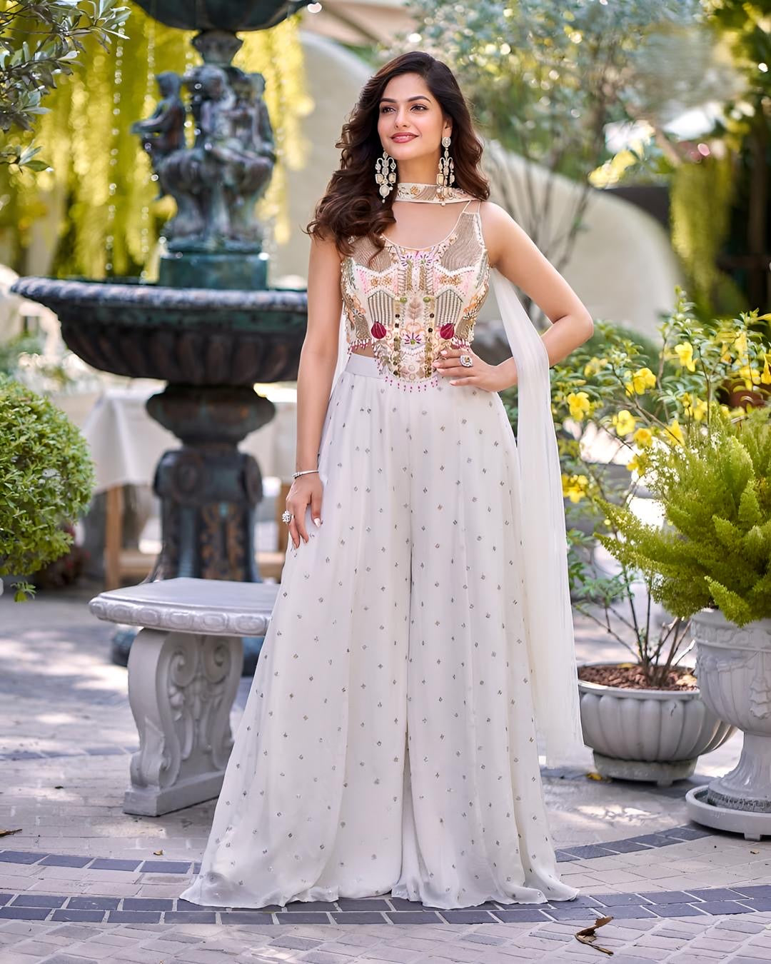 Ivory White Indo-Western Jumpsuit with Embroidered Bodice – Elegant Ethnic Partywear for Eid, Roka & Wedding Guests