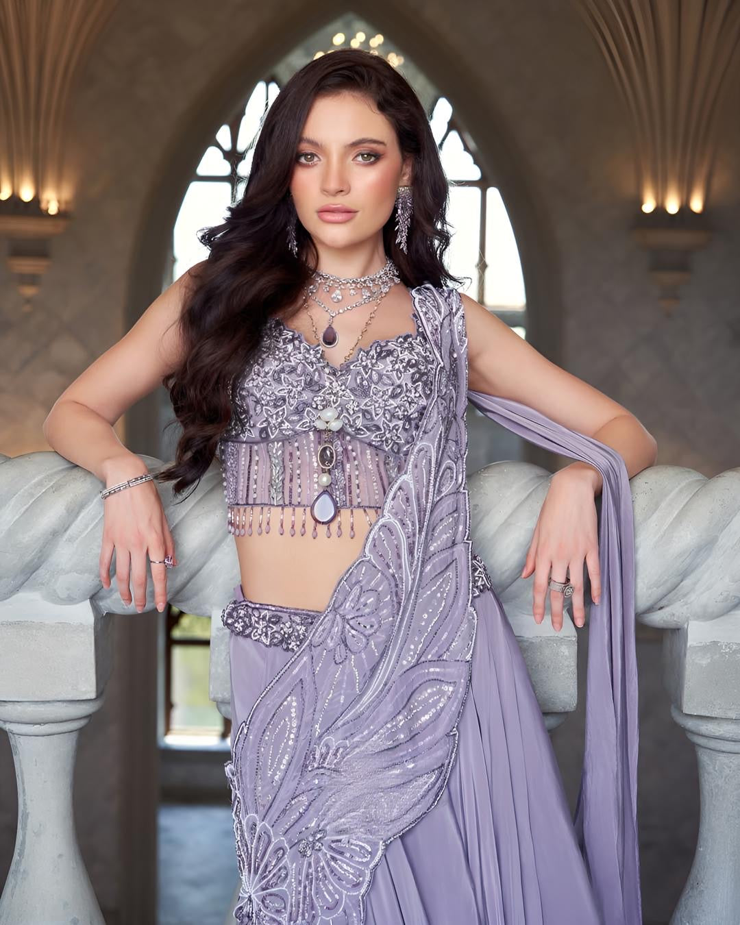 Lavender Embroidered Corset Lehenga Set with Draped Dupatta – Designer Indo Western Outfit for Wedding & Party