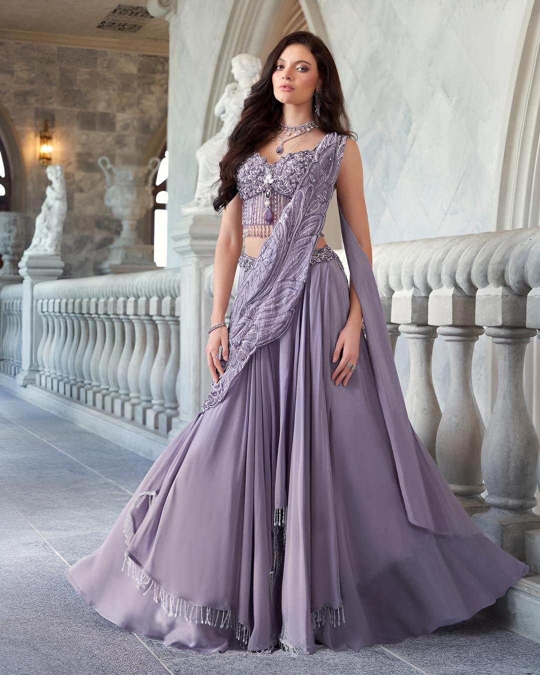 Lavender Embroidered Corset Lehenga Set with Draped Dupatta – Designer Indo Western Outfit for Wedding & Party