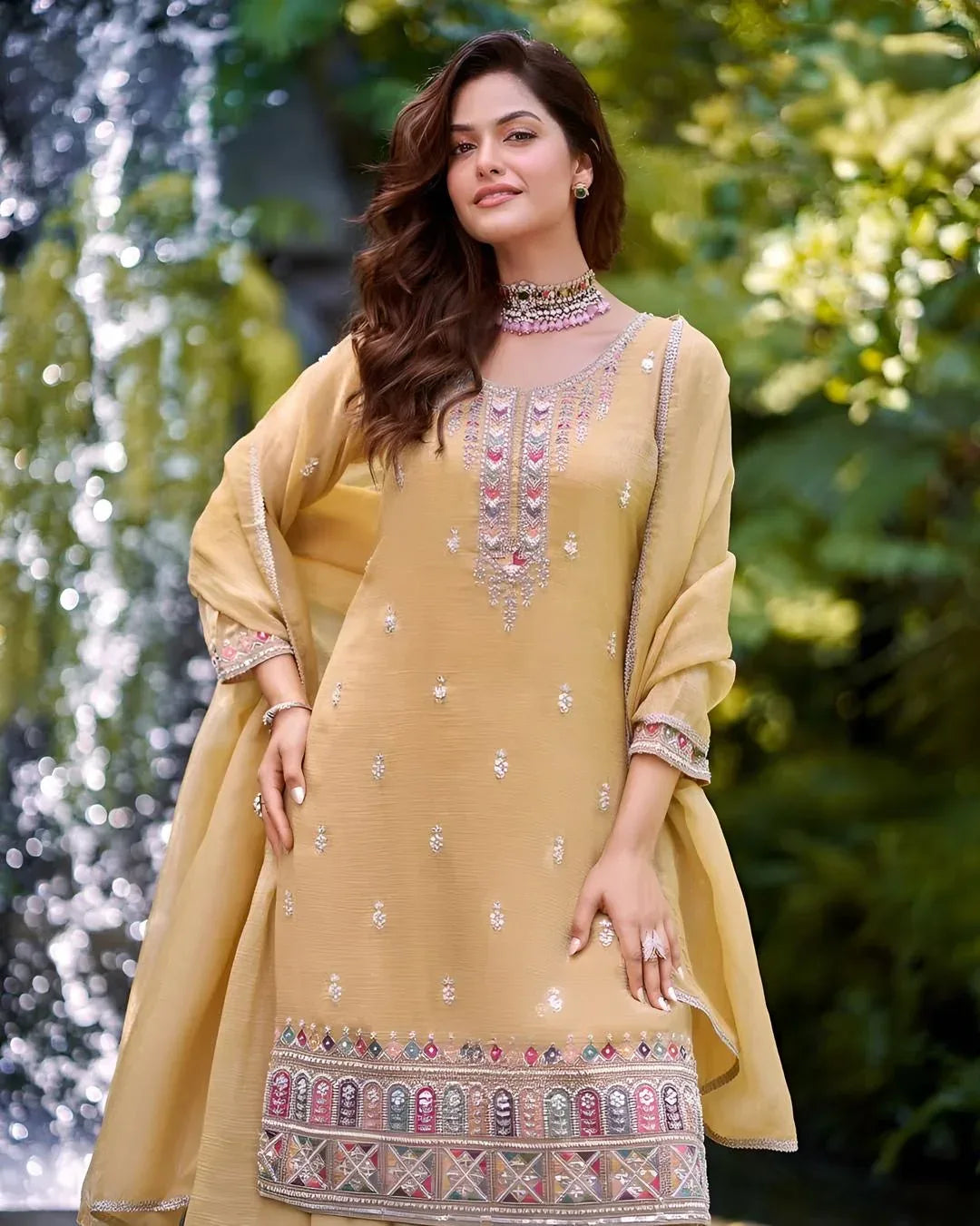 Mustard Yellow Embroidered Kurta Set with Palazzo & Dupatta – Elegant Festive Indian Outfit for Women - MishUUU