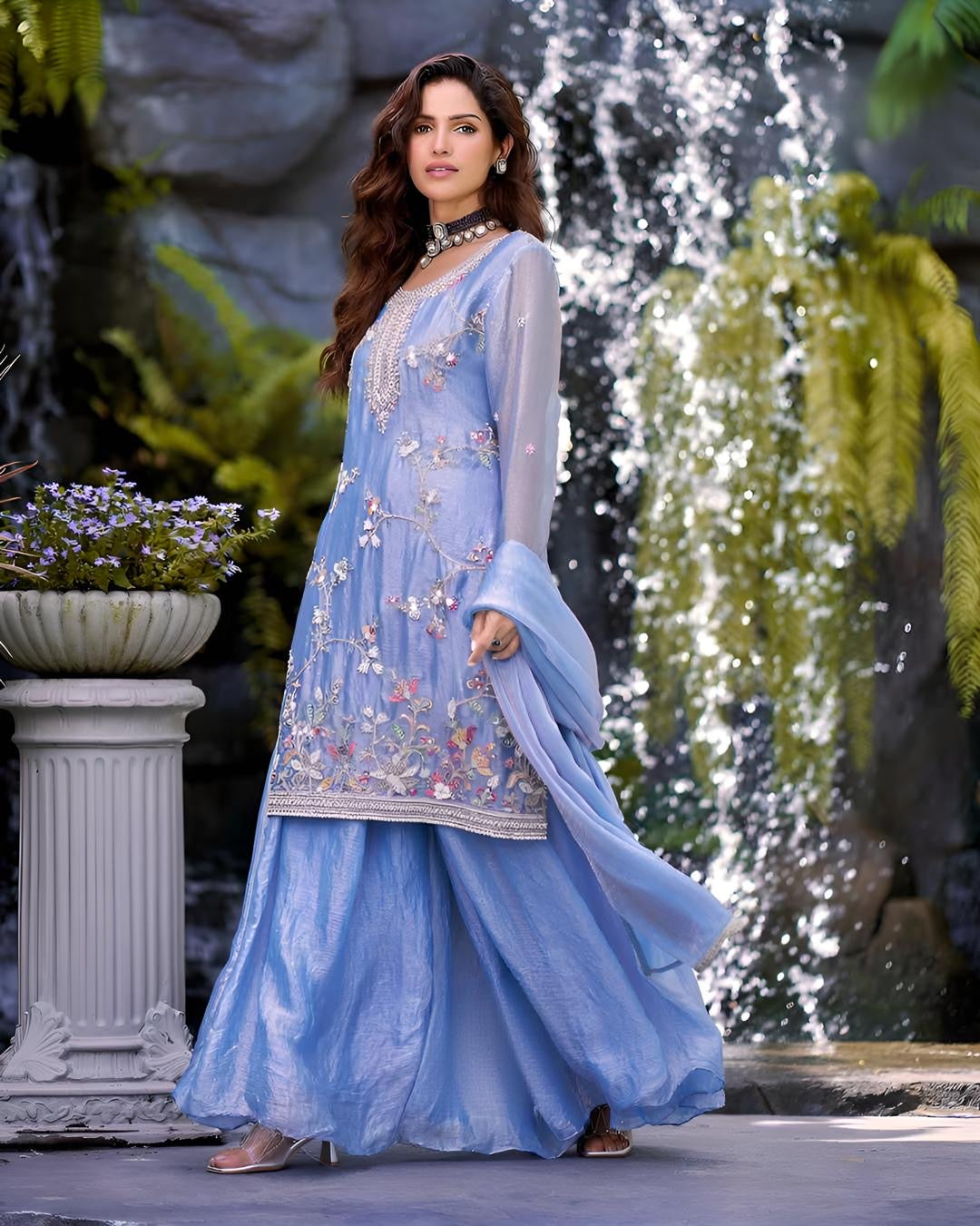 Pastel Blue Floral Embroidered Kurta Palazzo Set with Dupatta – Elegant Festive Indo Western Suit for Women
