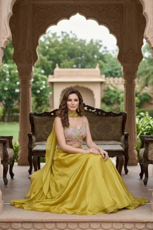 Mustard Yellow Organza Lehenga Set with Multicolor Threadwork Blouse – Haldi & Festive Indian Outfit - MishUUU