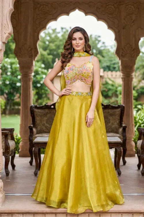 Mustard Yellow Organza Lehenga Set with Multicolor Threadwork Blouse – Haldi & Festive Indian Outfit - MishUUU