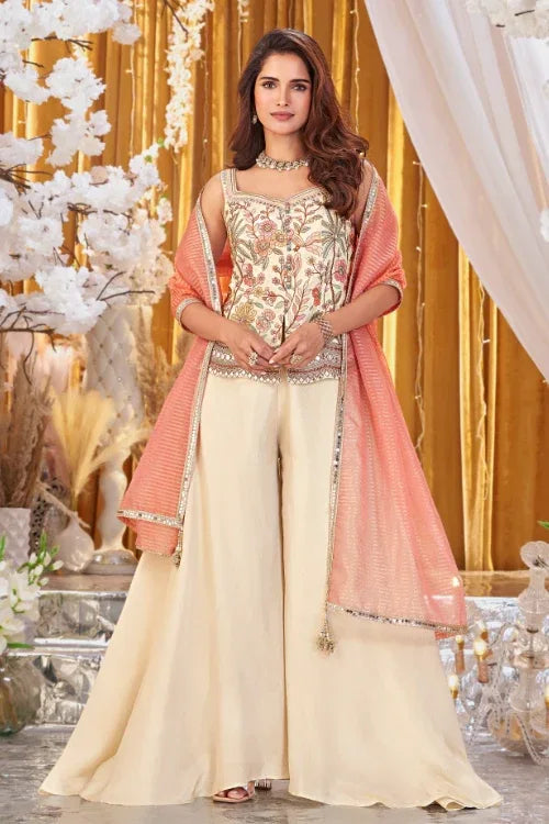 Ivory Palazzo Set with Embroidered Floral Corset and Peach Dupatta – Elegant Indo Western Festive Outfit for Women - MishUUU