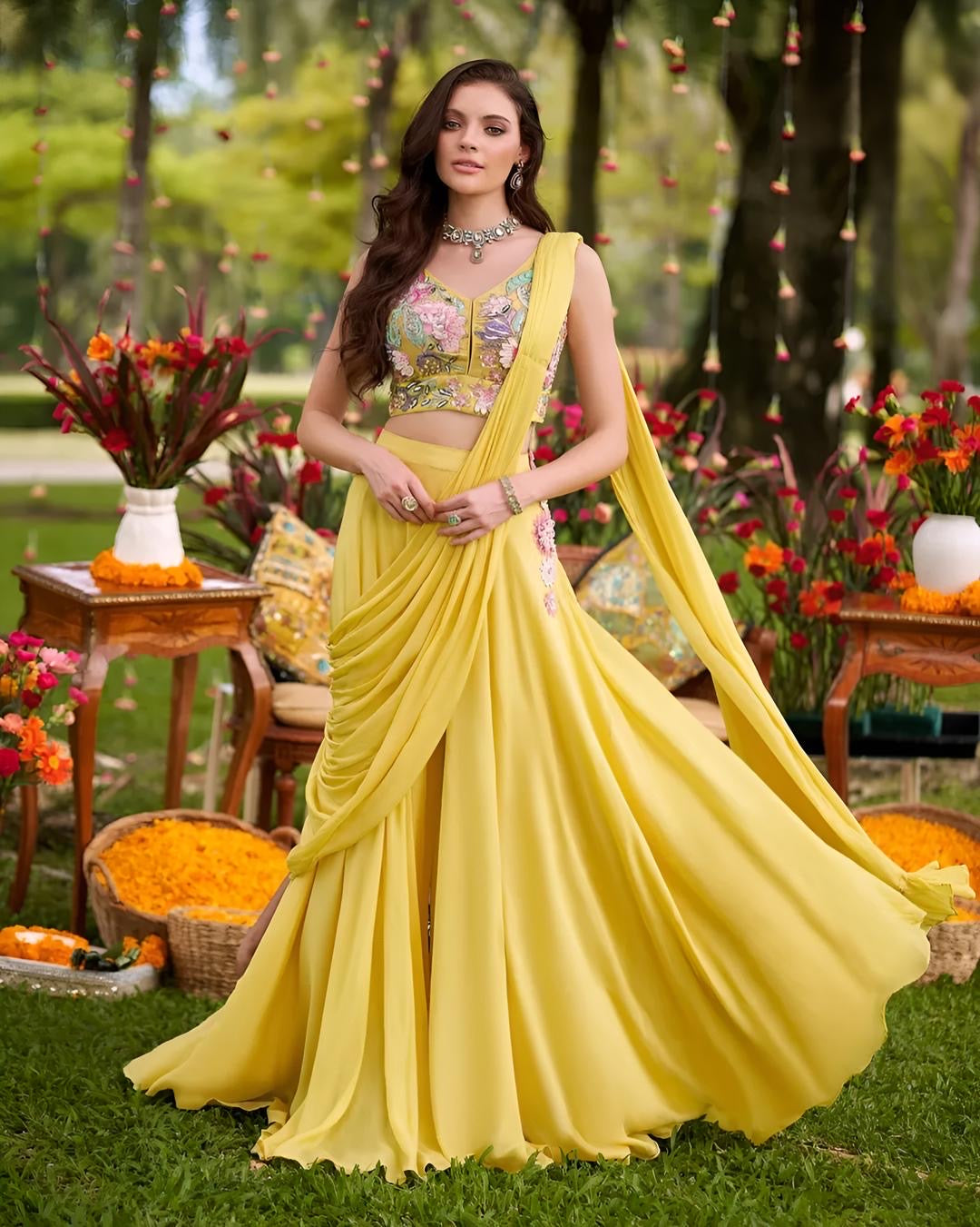 Sunshine Yellow Floral Embroidered Lehenga Drape Set – Indo Western Haldi & Mehendi Outfit for Women