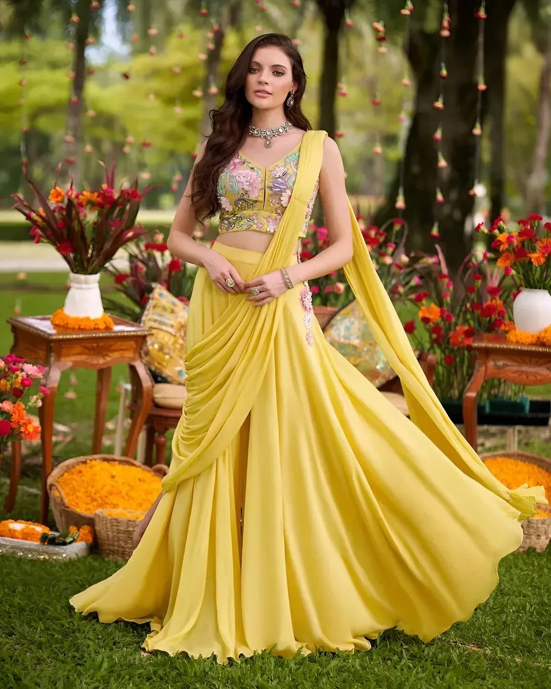 Sunshine Yellow Floral Embroidered plazo Drape Set – Indo Western Haldi & Mehendi Outfit for Women - MishUUU