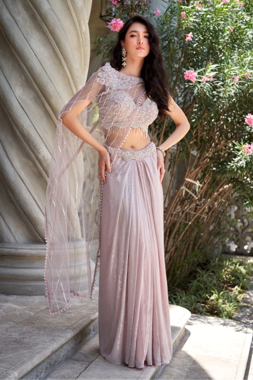 Lilac Sequin Crop Top & Draped Skirt Set with Net Cape – Indo Western Saree Gown for Party & Wedding Wear