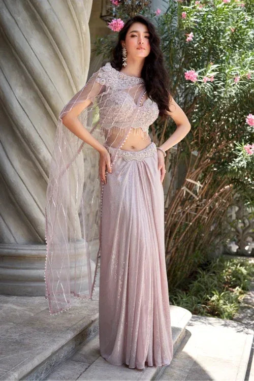 Lilac Sequin Crop Top & Draped Skirt Set with Net Cape – Indo Western Saree Gown for Party & Wedding Wear - MishUUU
