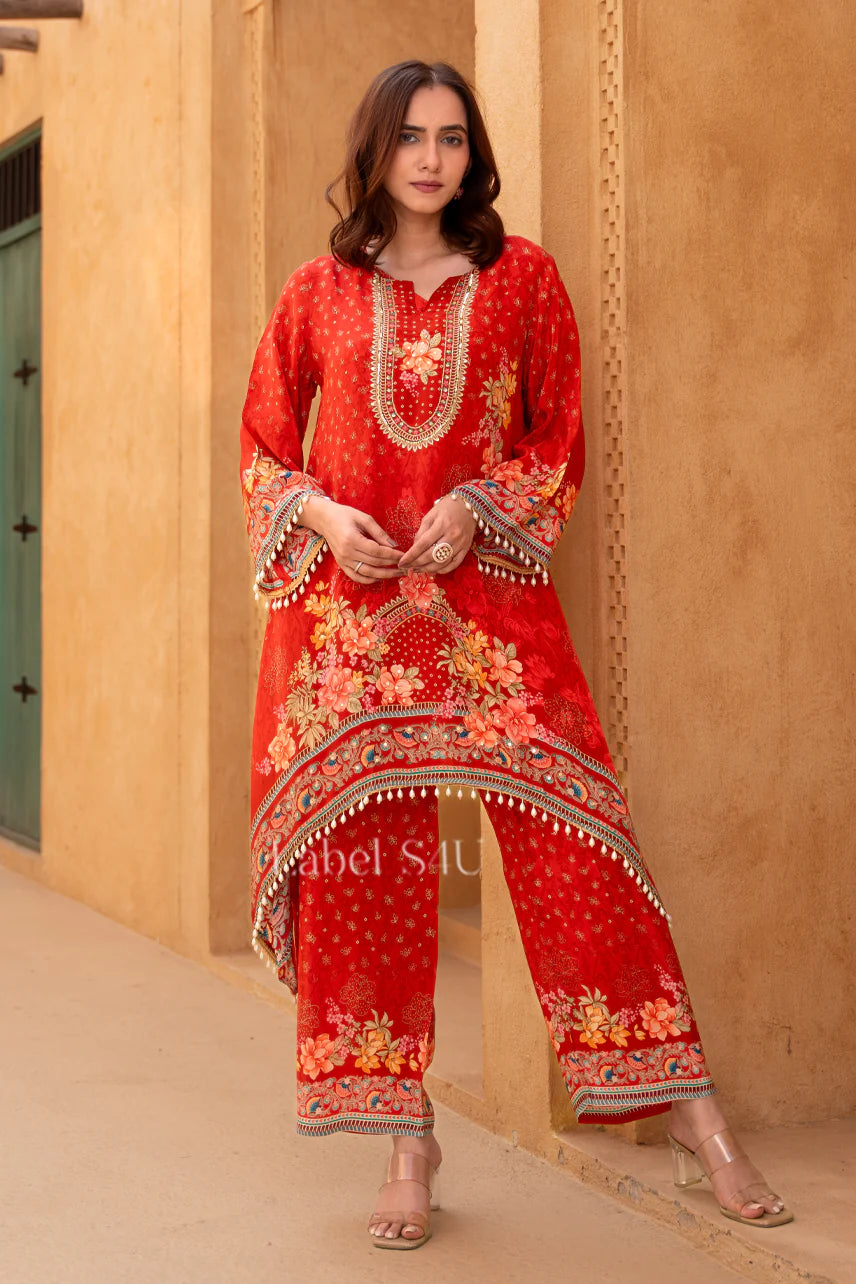 Vermilion Floral Embroidered Kurta Palazzo Ensemble