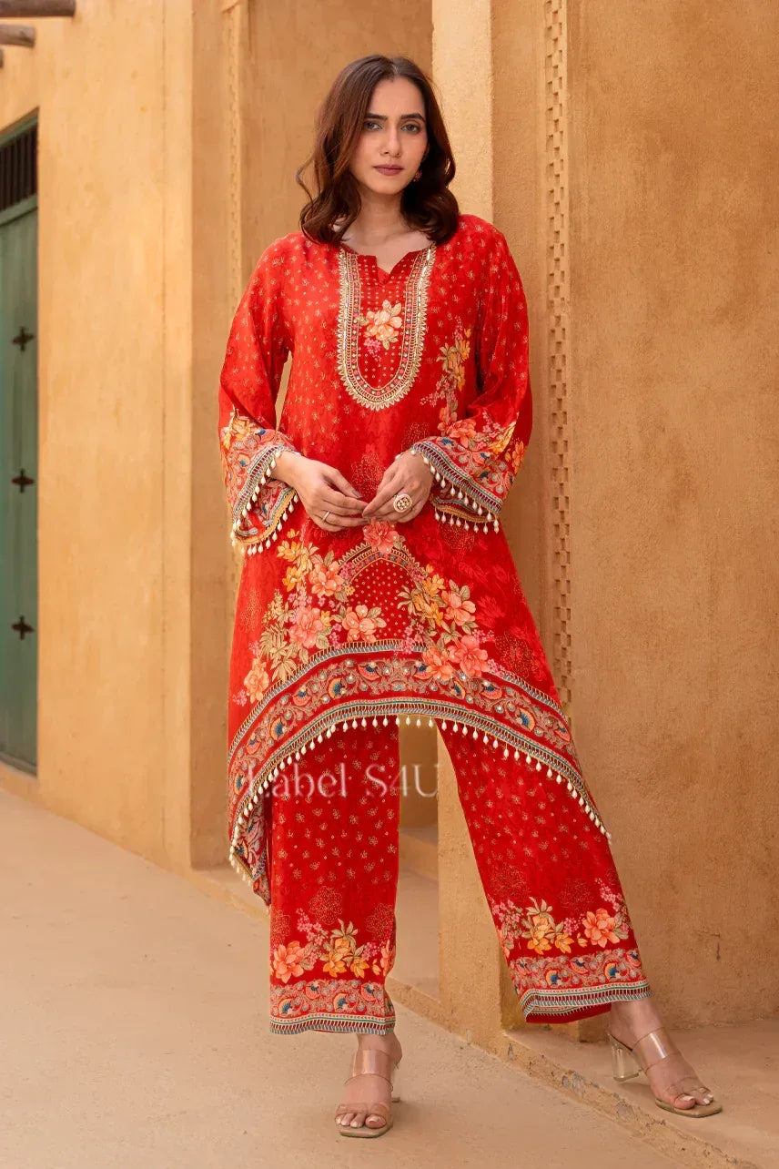 Vermilion Floral Embroidered Kurta Palazzo Ensemble - MishUUU