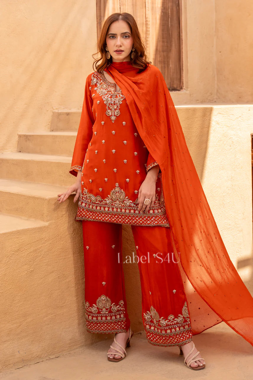 Vermilion Zari Embroidered Kurta Palazzo Ensemble