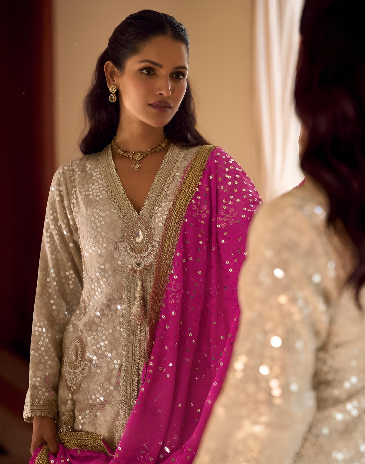 Ivory Magenta Mirror Royale Kurta Couture Ensemble