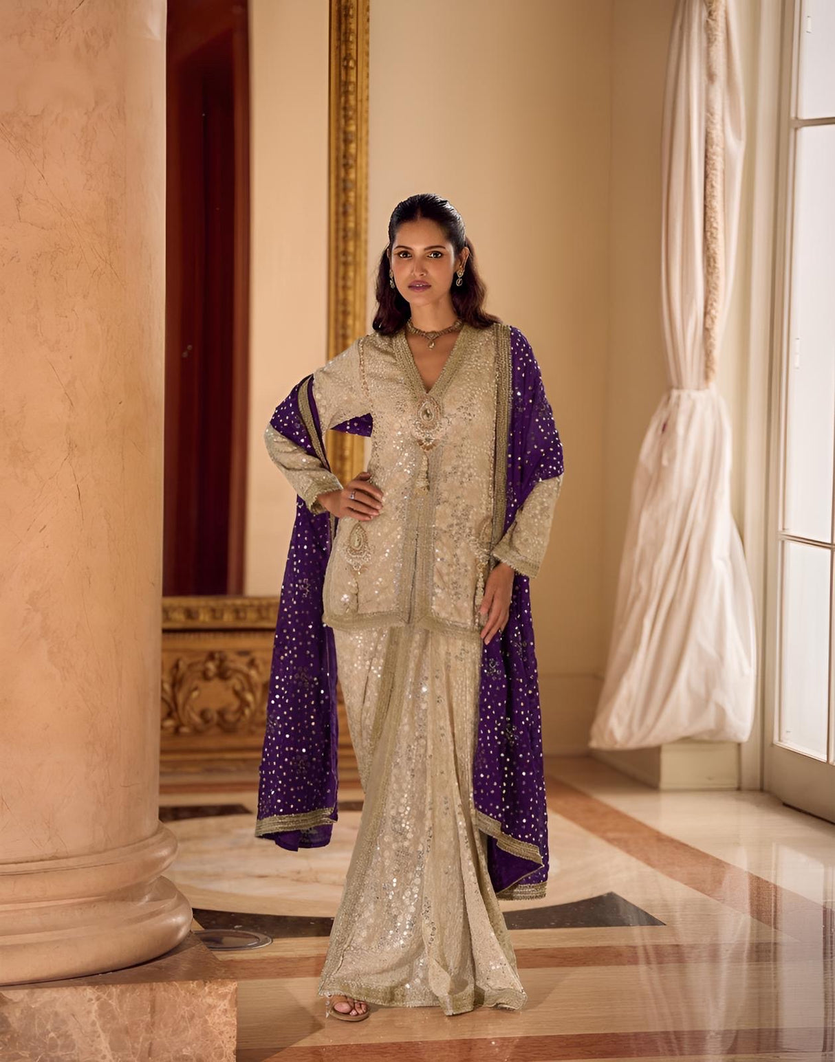 Ivory Amethyst Mirror Royale Sharara Couture Ensemble