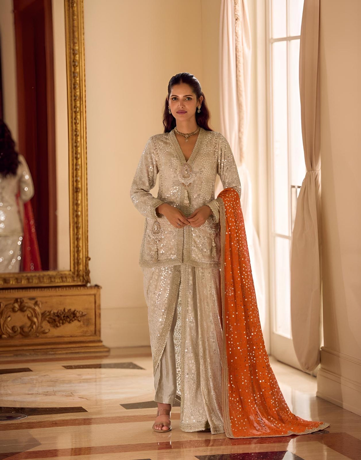 Ivory Saffron Mirror Luxe Sharara Couture Ensemble
