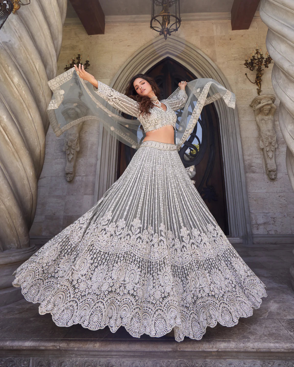 Ivory Silver Heirloom Embroidered Lehenga Ensemble