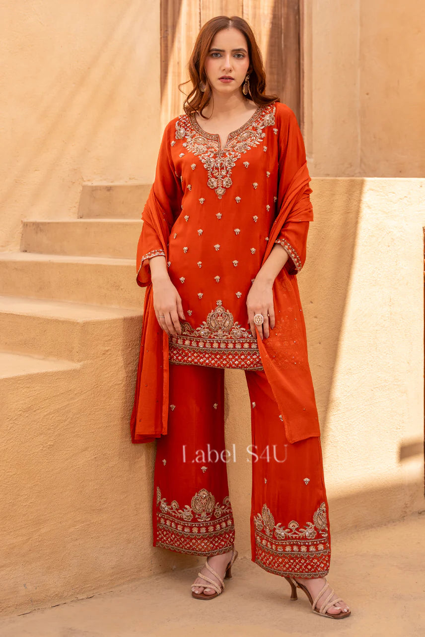 Vermilion Zari Embroidered Kurta Palazzo Ensemble