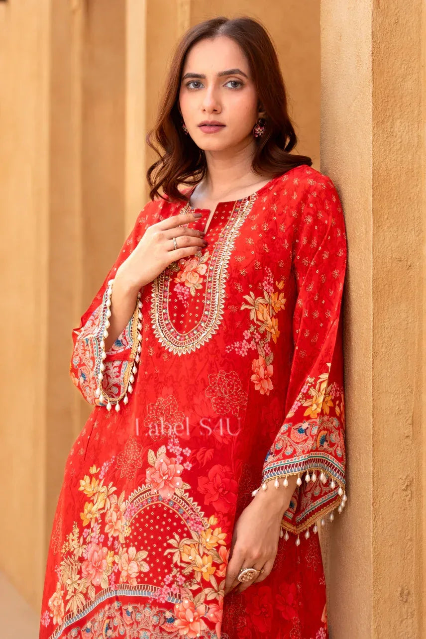 Vermilion Floral Embroidered Kurta Palazzo Ensemble - MishUUU