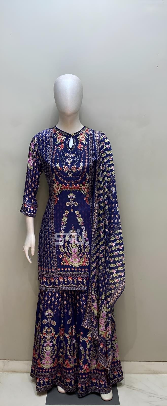 Midnight Floral Printed Kurta Sharara Ensemble